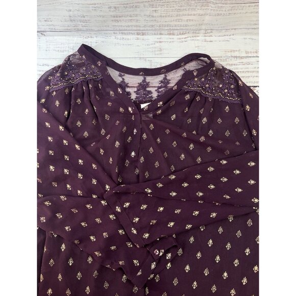 Bila Top Women XXL Burgundy Sheer Popover V Neck Long Sleeve Beaded Embroidered - Picture 9 of 14